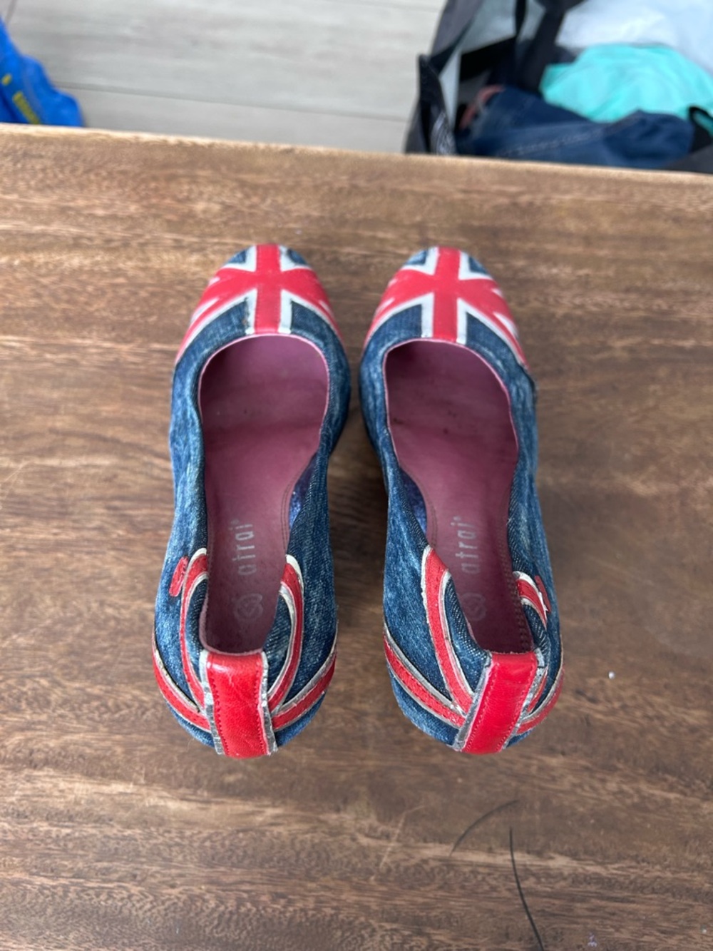 Atrai Blue Denim Heels Red White Union Jack Y2K British Flag Pumps Retro Shoes - Picture 5 of 9